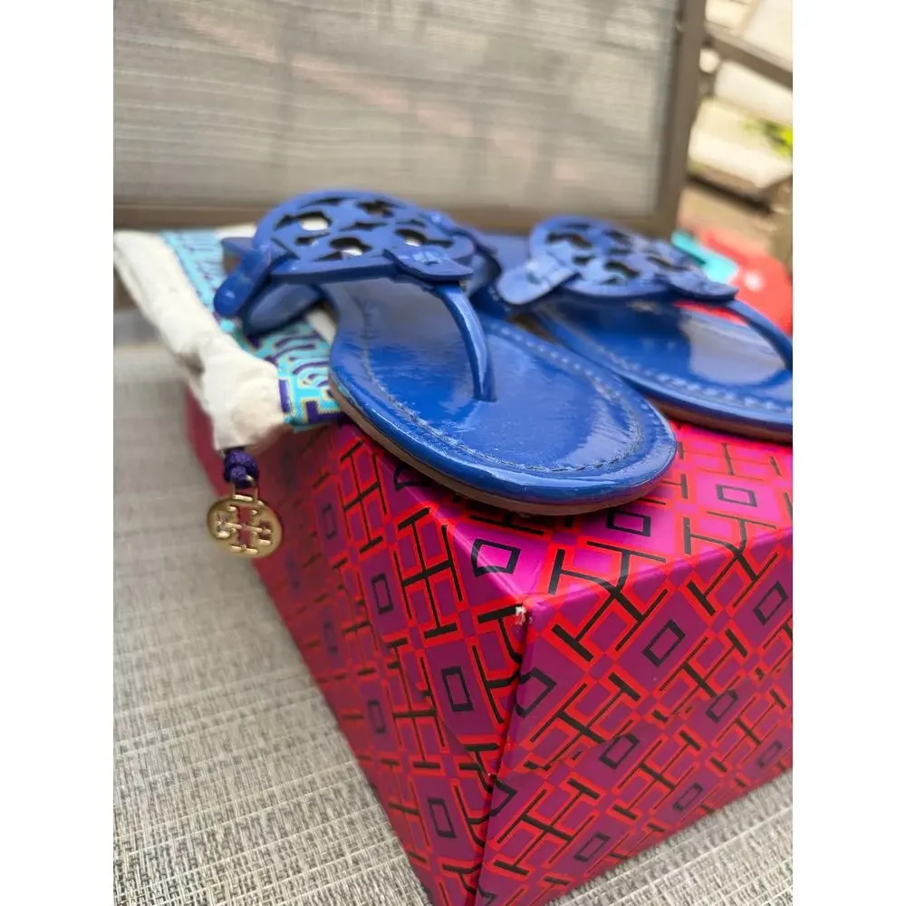 Tory Burch Miller Naplak Patent Leather Sandal Nautical Blue Thong Flat 6.5